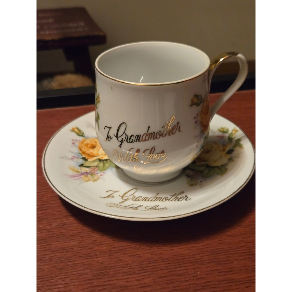 Vintage Hand Crafted Japan To Grandmother With Love Porcelain Tea Cup Saucer Set